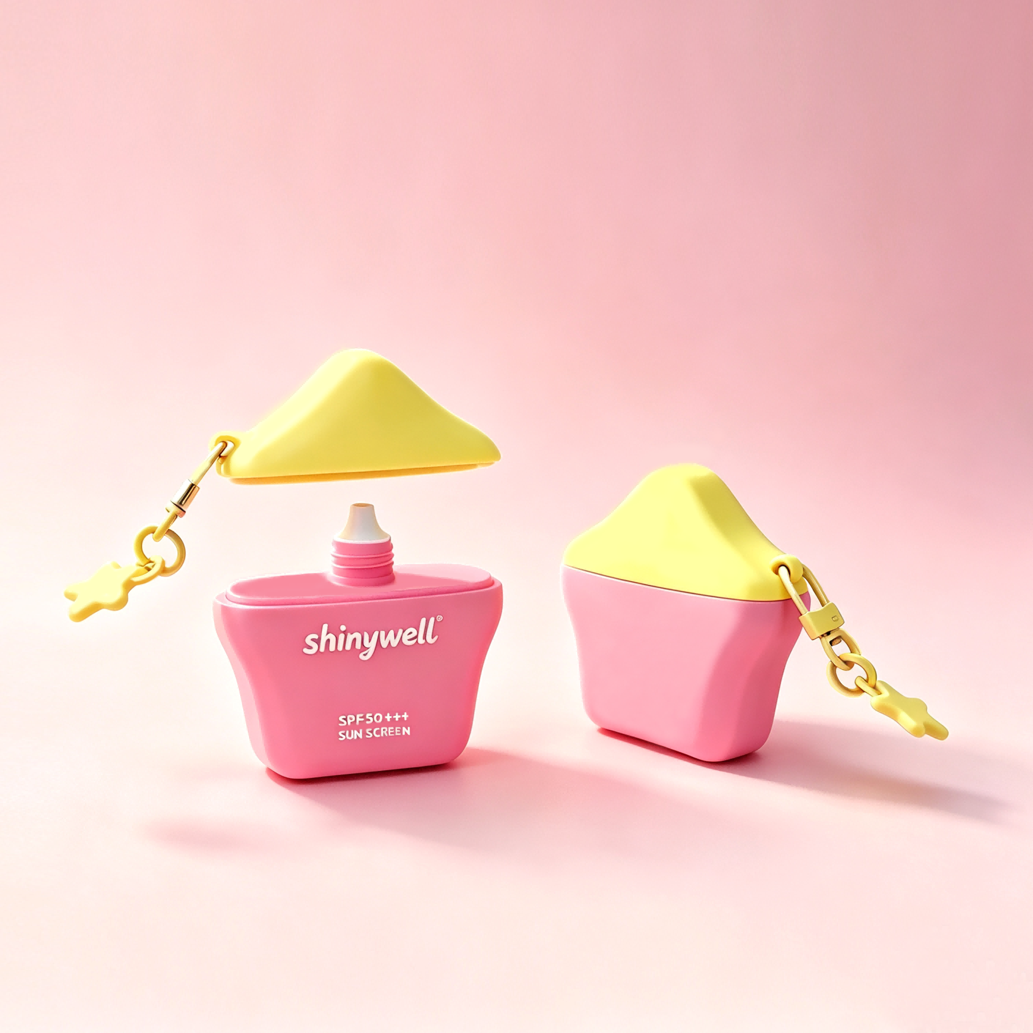 Capsule shaped Sunscreen Squeeze Bottle set, portable refillable travel squeeze container with split cover and star charm keyring, multi-angle product showcase